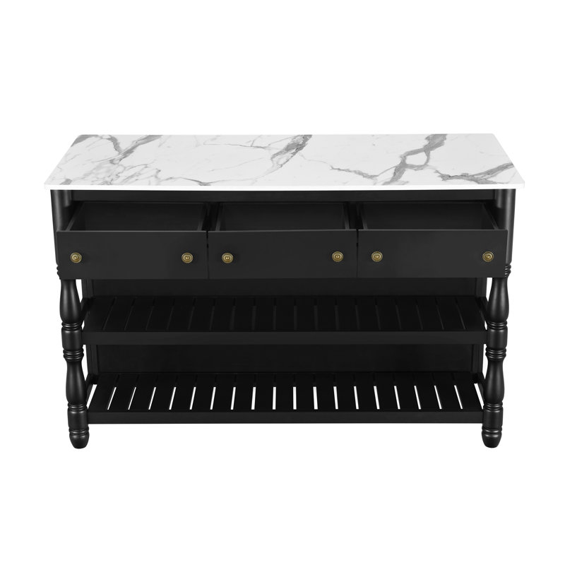 Rowan 58-Inch Traditional Pine Wood Kitchen Island with Faux Marble Top, 3 Drawers & 2 Open Shelves
