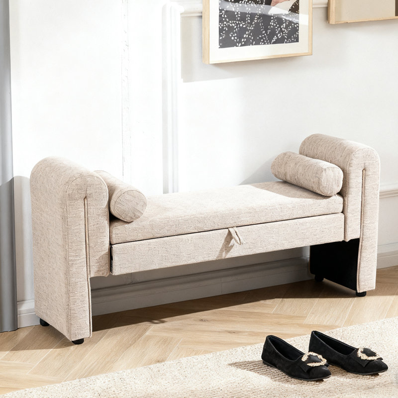 Linen Fabric Bed Tail Stool, 60.5-Inch Storage Stool, Oat Color