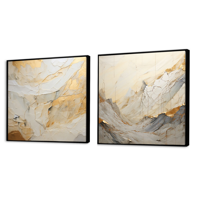 Ensemble de 2 collages carrés abstraits beiges et dorés Glacier Stone Simplicity, Cadre flottant noir, H 16 po x l 33 po