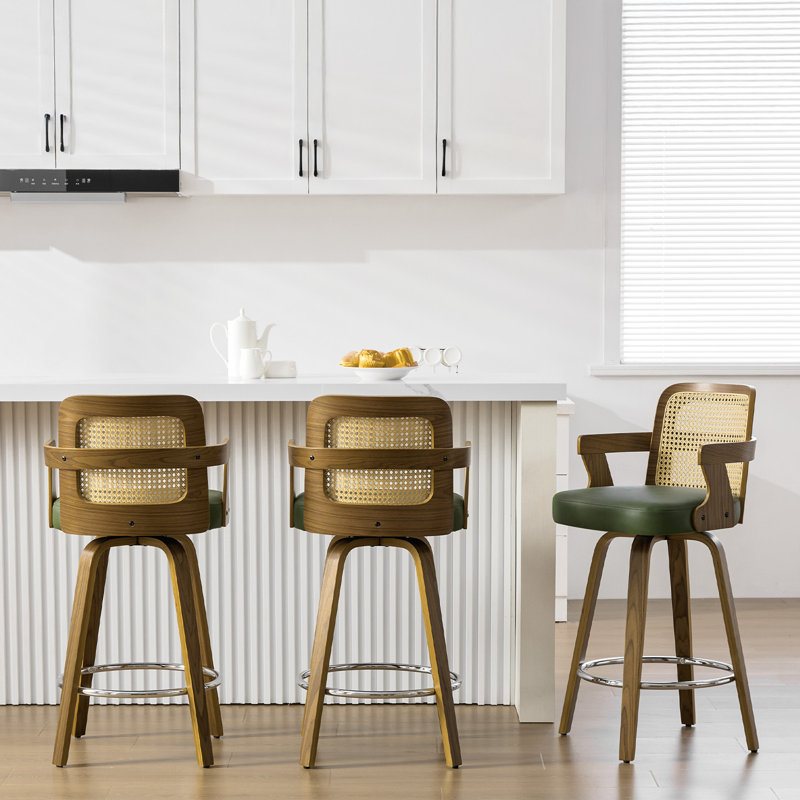 Upholstered Cane Back Counter & Bar Stool With Armrest, Green, Counter Stool (26" Seat Height)