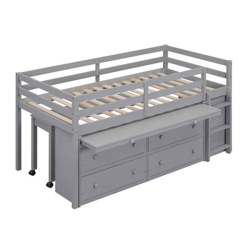 Lit mezzanine simple avec bureau rétractable et 4 tiroirs, structure de lit d'étude en bois gris, Gris, Lit simple
