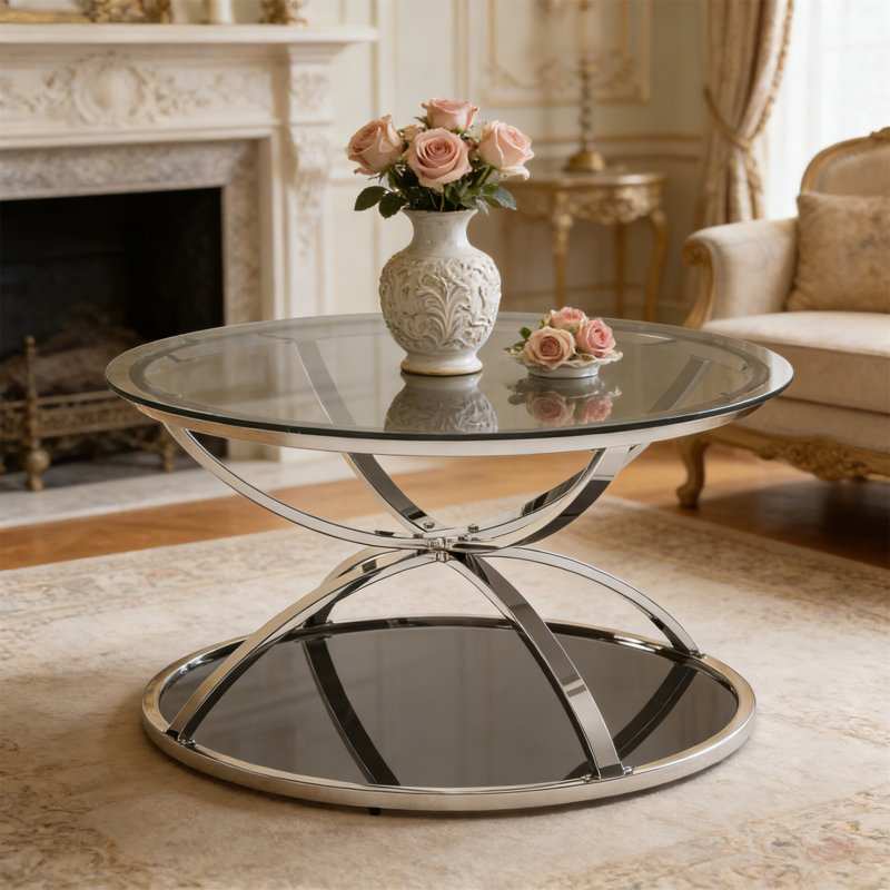 Modern Glass Coffee Table With 2 Tiers, Ring-Shaped Frames, Chrome Finish And Tempered Glass, Round Coffee Table For Living Room, Bedroom And Office