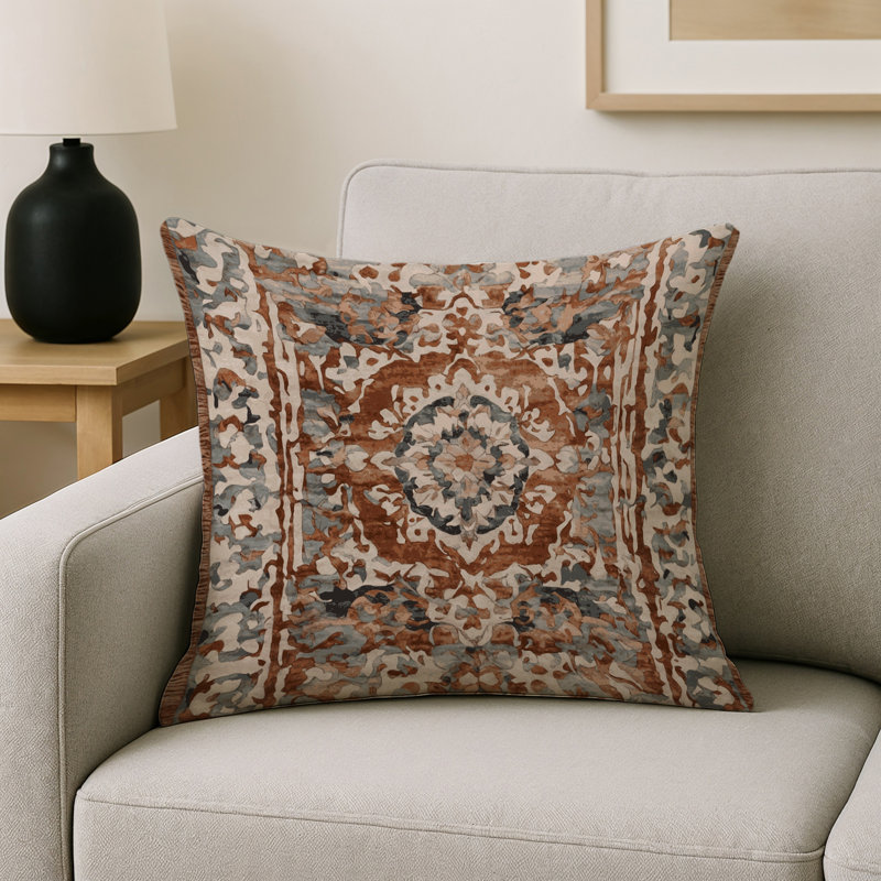 Coussin décoratif intérieur et extérieur Modern, Rouille / brun clair / damas crème, Carré 16 po