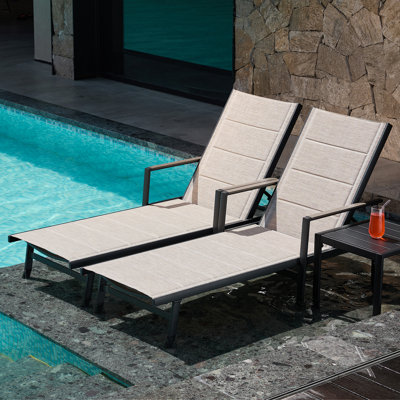Patio Lounge Chairs Set of 2, Aluminum Double-Layer Textilene Outdoor Pool Chaise Lounge with 6-Position Adjustable Backrest, Outdoor Sun Lounger for Beaches, Poolside, Deck