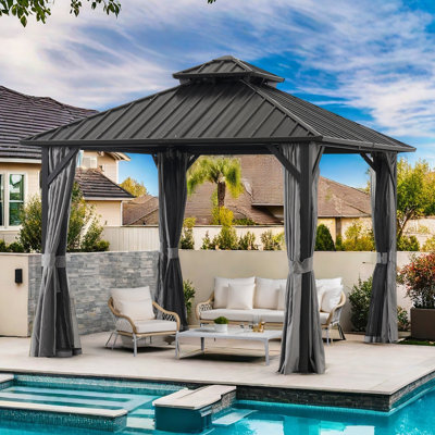 Pavillon de jardin extérieur en aluminium 10 x 10 pi avec toit double en métal, rideaux et filet pour patio, fête