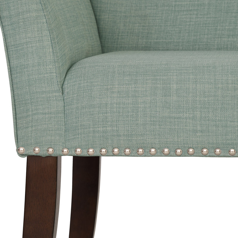 Alfordsville 49.5” Wide Light Blue Upholstered Nailhead Bench with Solid Wood Legs, Light Blue/Dark Walnut