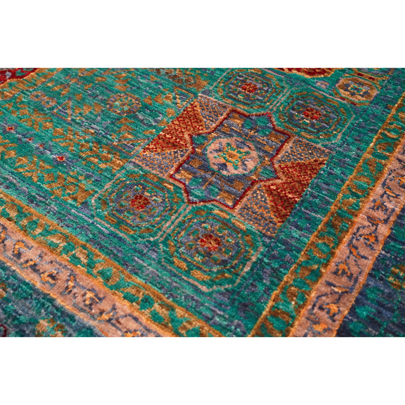Tapis bleu ciel / vert / rouge noué à la main de haute qualité