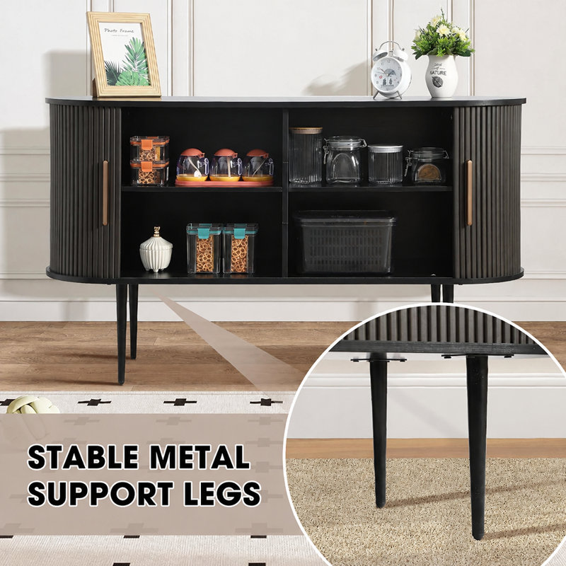 Buffet tambour avec porte coulissante cannelée et poignées en bronze – Noir