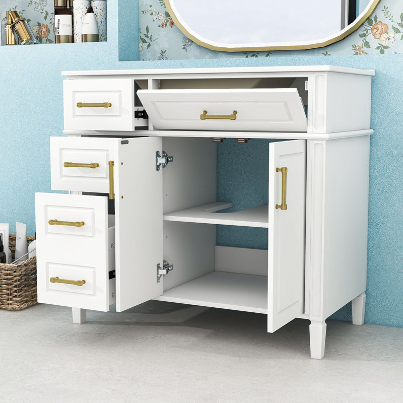 Meuble-lavabo autoportant moderne avec lavabo en céramique, portes à fermeture en douceur et rangement réglable, Blanc
