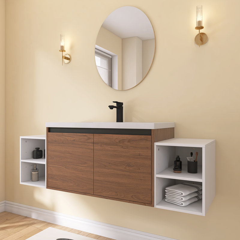 Meuble-lavabo mural Earnby 60 po avec lavabo en résine, deux tablettes de rangement ouvertes, hauteur réglable, poignée biseautée à 45°, portes à fermeture amortie, brun ébène