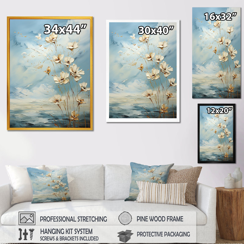 Encre liquide blanche et bleue III - Fleurs, art mural, Cadre flottant brun, H 60 po x l 28 po