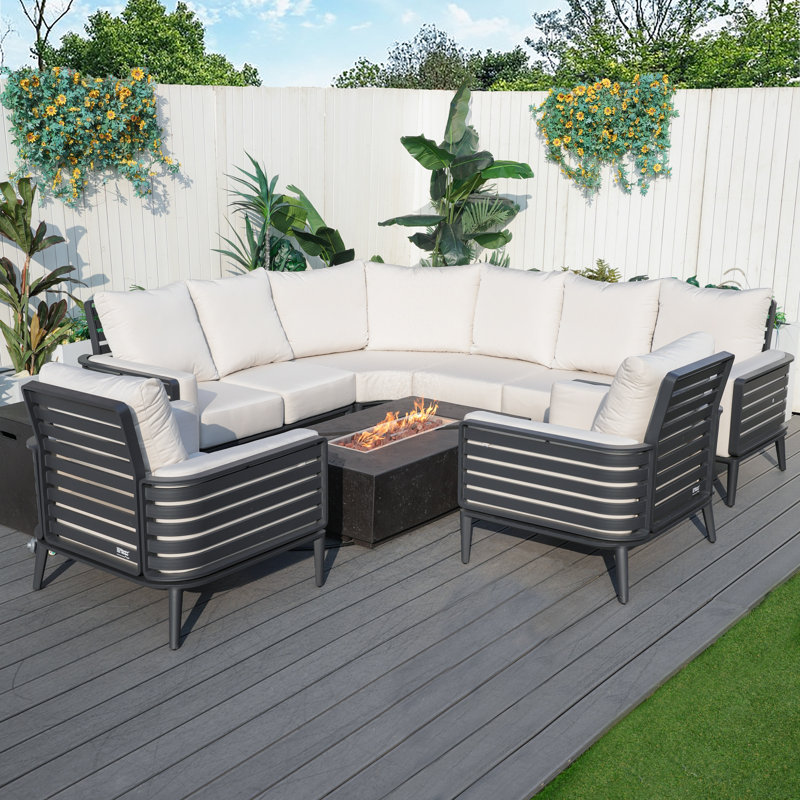 Ensemble de conversation modulaire en aluminium pour 8 personnes avec coussins et foyer d'extérieur