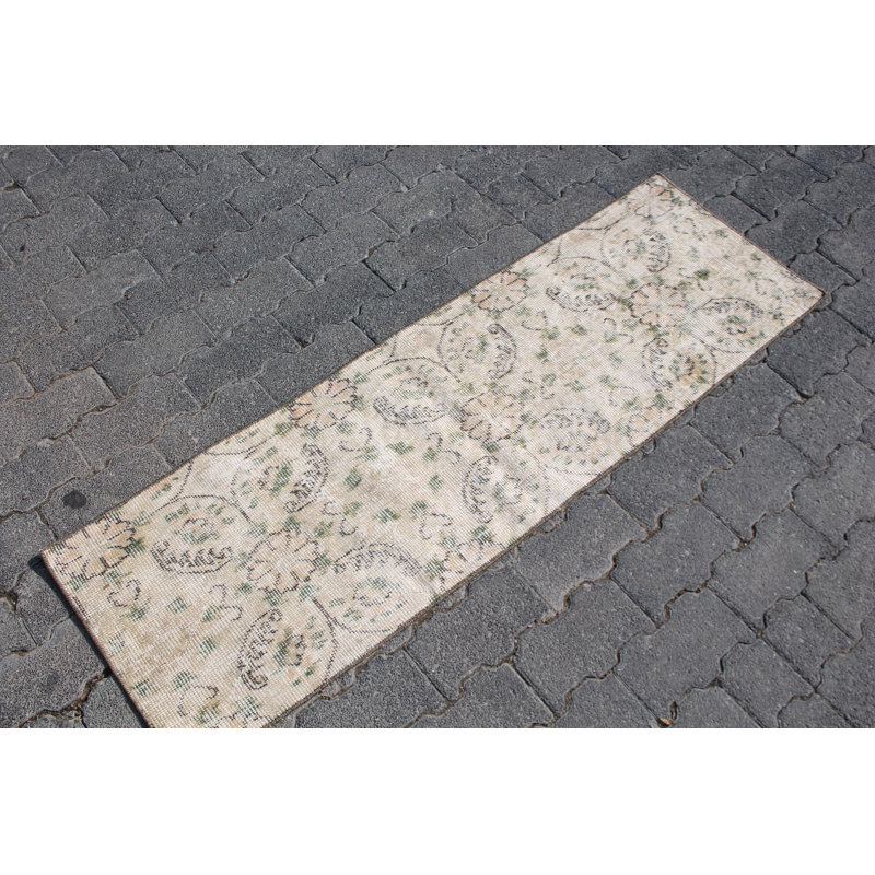 Vintage Turkish Oushak Rug in Green - Neutral Scandinavian Style Small Bathroom Mat
