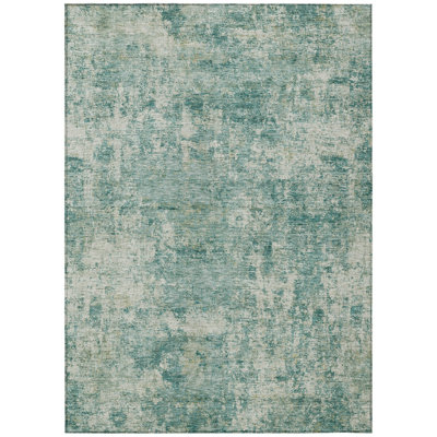 9' X 12' Teal Blue And Beige Abstract Washable Indoor Outdoor Area Rug