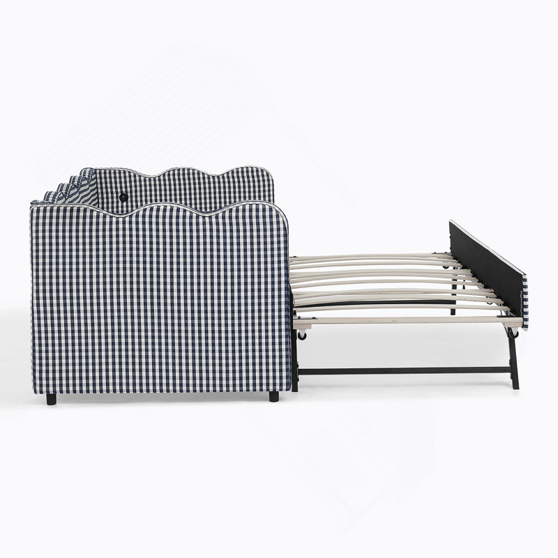 Cozy Gingham Daybed With Trundle Twin Size Sofa Bed No Box Spring Needed, With USB Port And Adorable Wave Shaped, Linen Fabric, Green