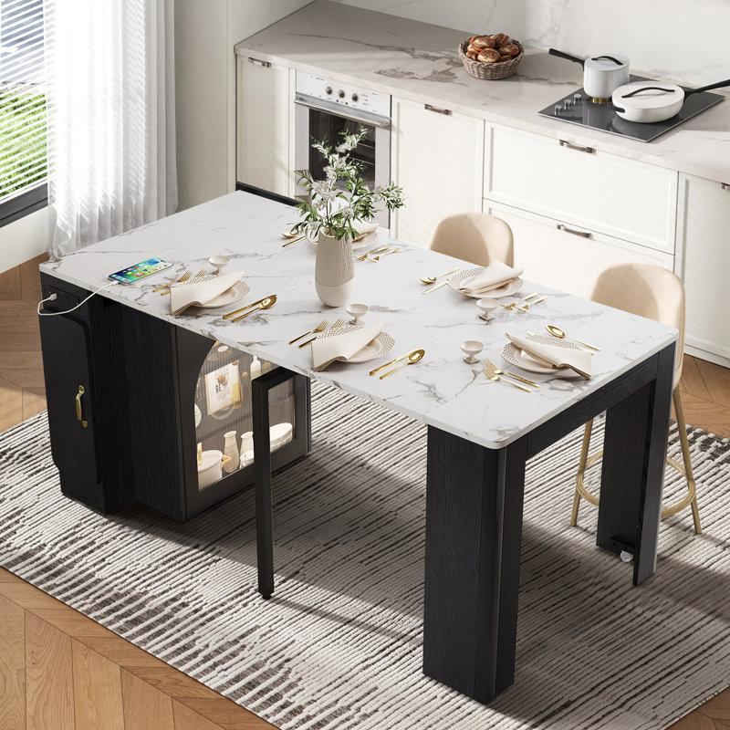 59‘’ Kitchen Island With Extendable Dining Table, Black