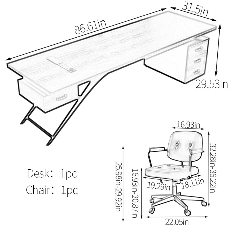 Bureau de conception industrielle moderne, H 29,53 po x l 86,61 po x P 31,5 po, Blanc