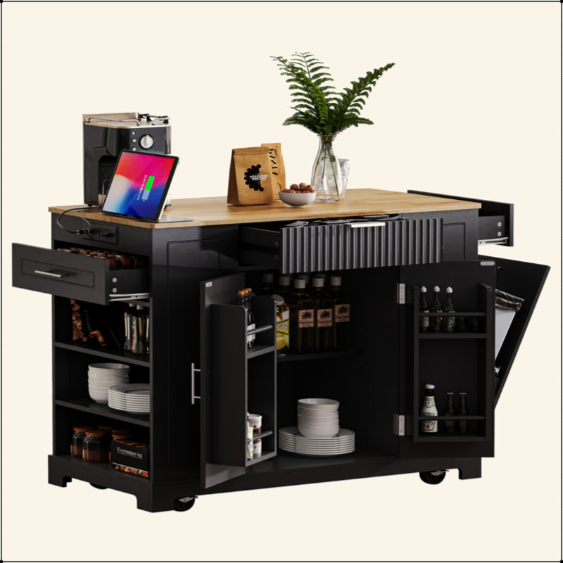 Îlot de cuisine cannelé avec armoire de rangement pour poubelle, prise de courant, support de rangement interne, îlots de cuisine roulants sur 5 roues avec 3 tiroirs, 3 supports latéraux ouverts pour poubelle de 10 gallons