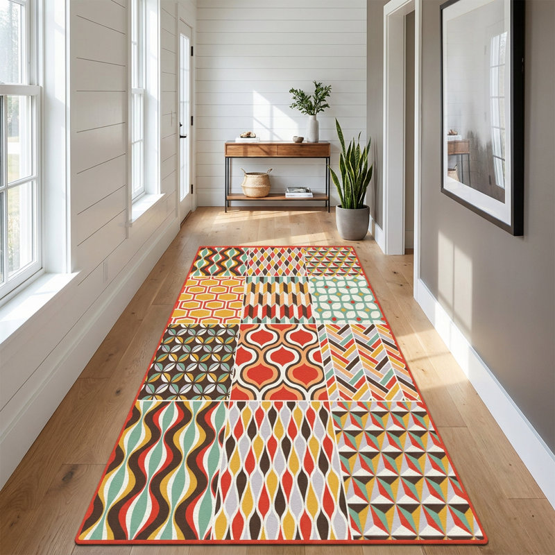 Mid-Century Modern Geometric Patchwork Runner Rug