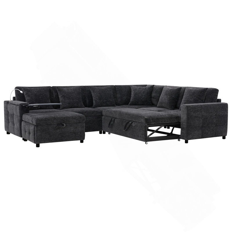 117*90'' Modular Sectional Pull-Out Sofa Bed With Flip-Up Table Panel, Black Chenille