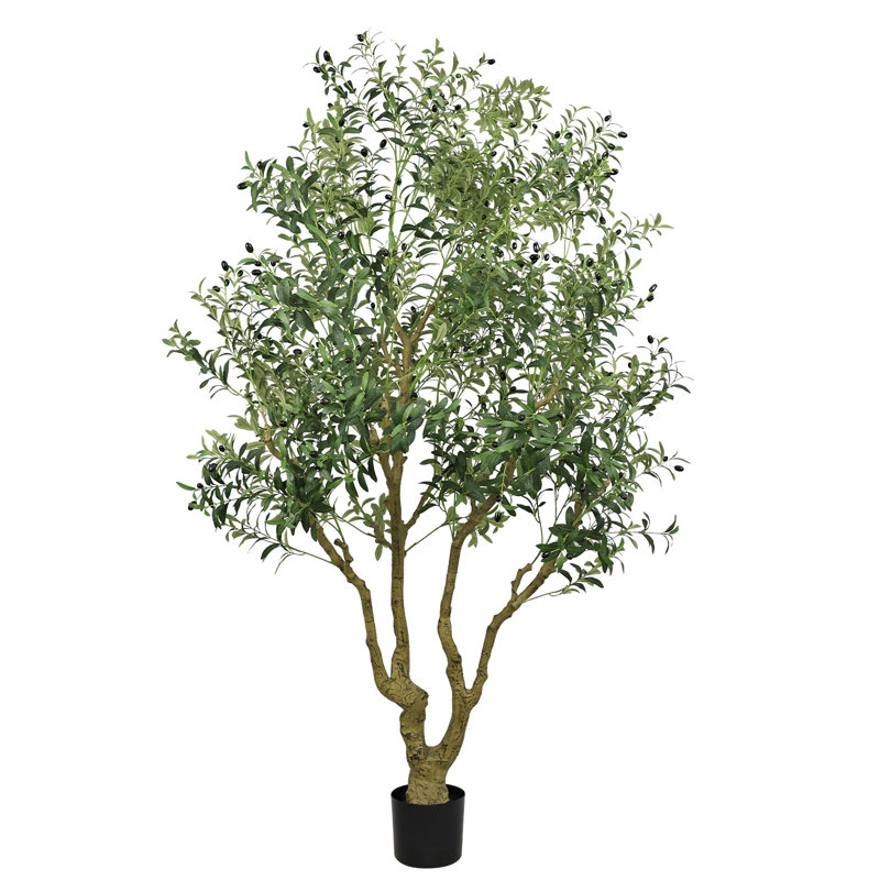 Grand olivier artificiel de 8 pi avec tronc naturel, grande plante artificielle en pot avec des feuilles et des fruits réalistes, faux arbre de base lesté pour le salon intérieur / extérieur, le bureau et le vestibule