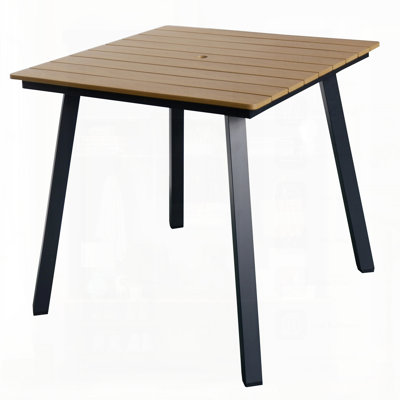 Square Patio Dining Table With Umbrella Hole, Heavy-Duty Iron Frame And Wood-Plastic Composite Top For All-Weather Use
