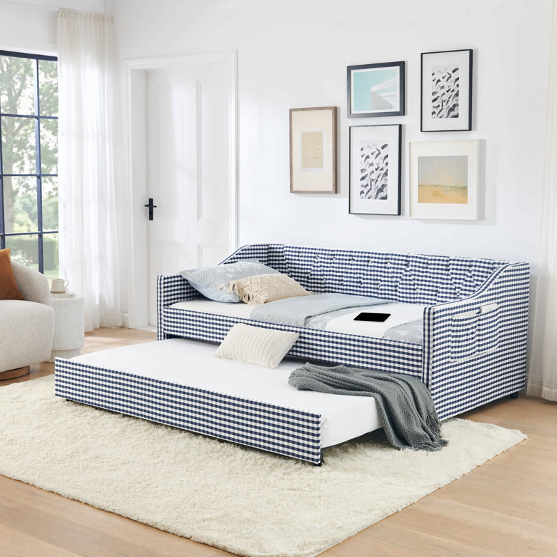 Lit de jour, canapé-lit convertible 3-en-1 polyvalent avec couchette coulissante et poches latérales Gingham, Twin, Dark Blue