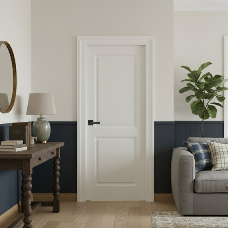 Porte de garde-manger intérieure à panneau à 2 panneaux de style shaker intérieur blanc avec poignées d'entrée à clé noire