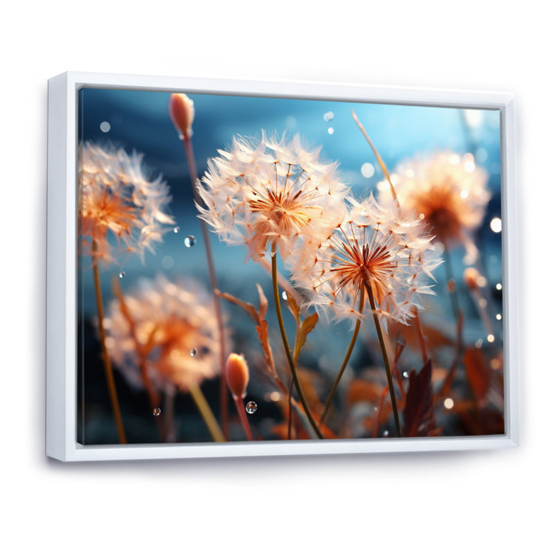 Blue Dandelion Dancing In The Morning II - Floral Wall Art Prints, H 16 po x l 32 po x P 1 po, Cadre flottant blanc