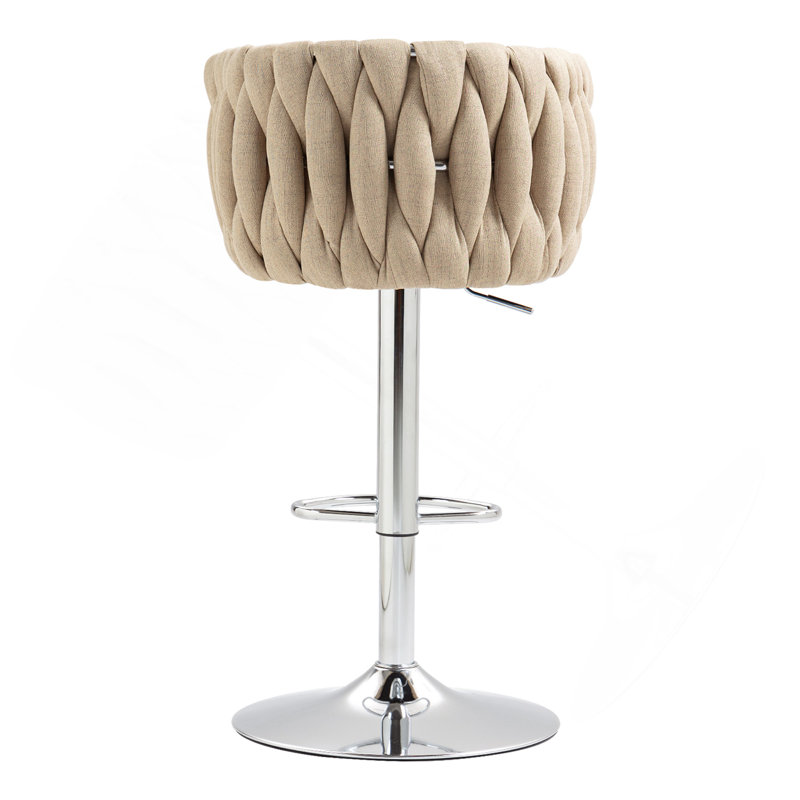 360° Fabric Cover Swivel Bar Stools Set Of 2, Adjustable Counter Height Bar Chairs With Woven Back & Footrest, Silver Chromed  Bar Stools For Kitchen Island, Cafe, Pub
