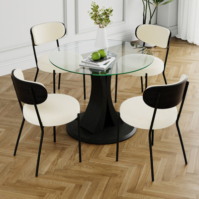 Modern Simple Table With A Glass Round Table And Four Chairs. Transparent Tempered Glass Countertop, Black Wood Grain Spray Legs, Suitable For Kitchen Living Room Dining Room (Set Of 5)