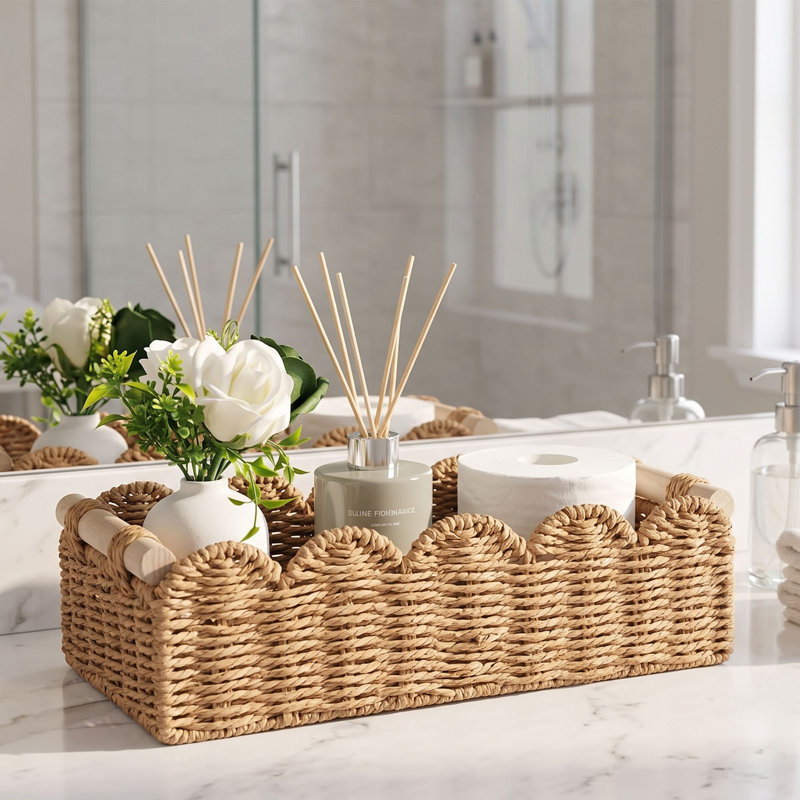 Scalloped Paper Rope Storage Basket, Decorative Shelf Basket With Wooden Handles, Walnut