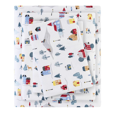 Ensemble de draps 4 pièces pour très grand lit, 100% flanelle de coton, imprimé blanc village, douillet et ultra doux, lavable à la machine