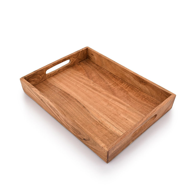 Coffee Wooden Serving Tray With Handles, Acacia Wood, Modern Polished Design - Rectangular Tray For Tea, Coffee, Food - Eco-Friendly Housewarming & Wedding Gift, 16"L X 12"W X 2"H