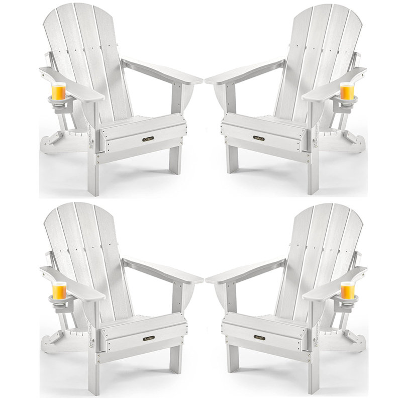 Besteiro Adirondack HDPE Foldable Chair Wood Texture  With Cup Holder, White