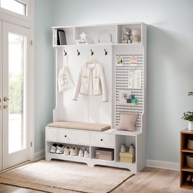 Multi-Purpose Hallway Hall Tree With Removable Linen Cushioned Entryway Bench, Coat Rack, Storage Shelves, And DIY Pegboard,For Hallways, Living Room