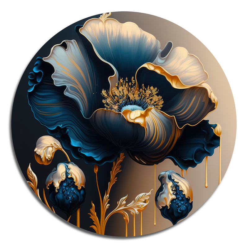 Bleu profond et fleur simple or V - art floral rond en métal, H 16 po x l 16 po
