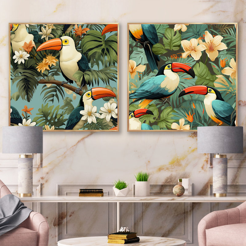 Mechra - Ensemble de 2 collages carrés tropicaux, Cadre flottant doré, H 36 po x l 73 po
