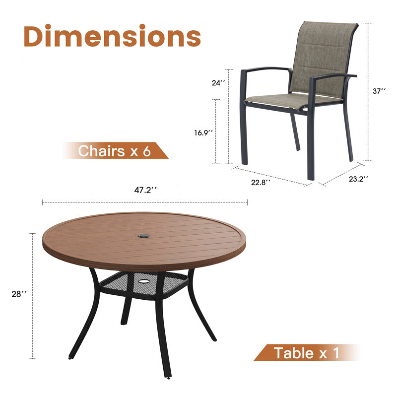 Patio Dining Set with 47.2" Round Dining Table and 6 Padded Textilene Dining Chairs, Black/Brown/Walnut