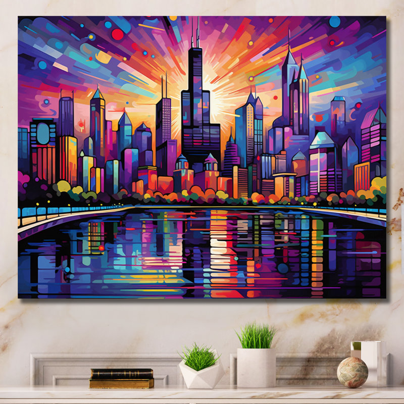 Pop Chicago Cityscape I sur impression sur toile, H 34 po x l 44 po x P 1,5 po, Toile tendue