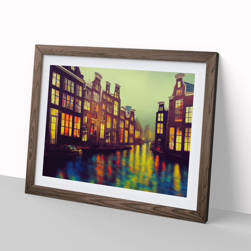 Amsterdam Canal Art Painting Vol.2 - Framed Print, 25cm H x 34cm W x 2cm D, Walnut