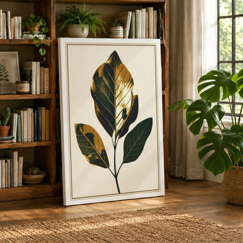 Three Leaves in Gold Botanical - Wrapped Canvas, 18x12 - 45.7 x 30.5 cm, Teal Border