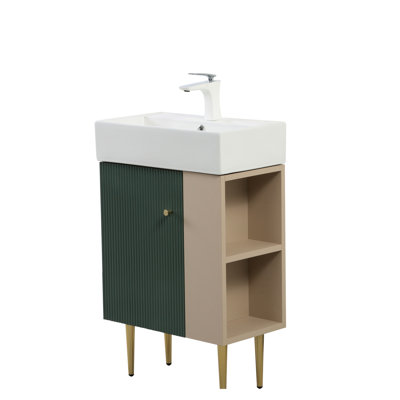 21.6" Vanity Base, Hue, Open Shelf On Right, Solid Wood And , Ceramic Basin, Soft-Close Cabinet, Waterproofing, Golden Details Base With Right Shelf, Ample Storage, Basin For Longevity, Quiet