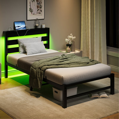 Twin Size Heavy Duty Platform Bed Frame With Headboard, Charging Station, Colourful Led Lights, Slats, Noise - , Under Storage, Simple Installation, Black Built In Ports, Multi Coloured Strong Steel