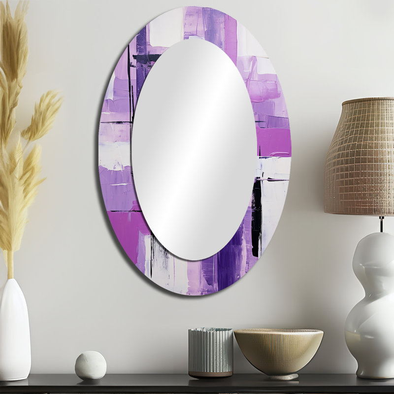 Tachisme mauve cubisme brossé 3 - Miroir décoratif abstrait ovale sur métal, H 36 po x l 24 po