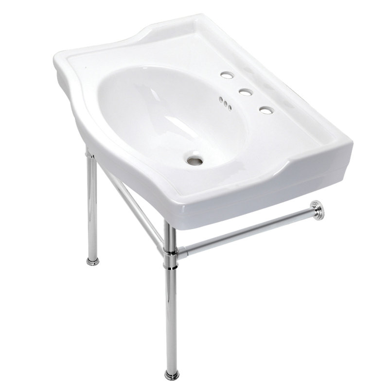 Ceramic U-Shaped Console Bathroom Sink with Overflow, Polished Chrome/White