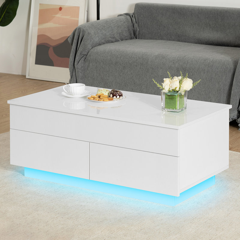 Table basse à plateau relevable avec 2 tiroirs et lumière DEL intelligente, Blanc
