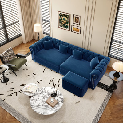 Canapé Chesterfield, canapé-lit gigogne 3 en 1 de 89 po, canapé-lit convertible, canapé-lit très grand, méridienne, canapé en velours 3 places avec repose-pieds mobile, bleu (ancien numéro de référence: W1885S00443 / W1885S00175)