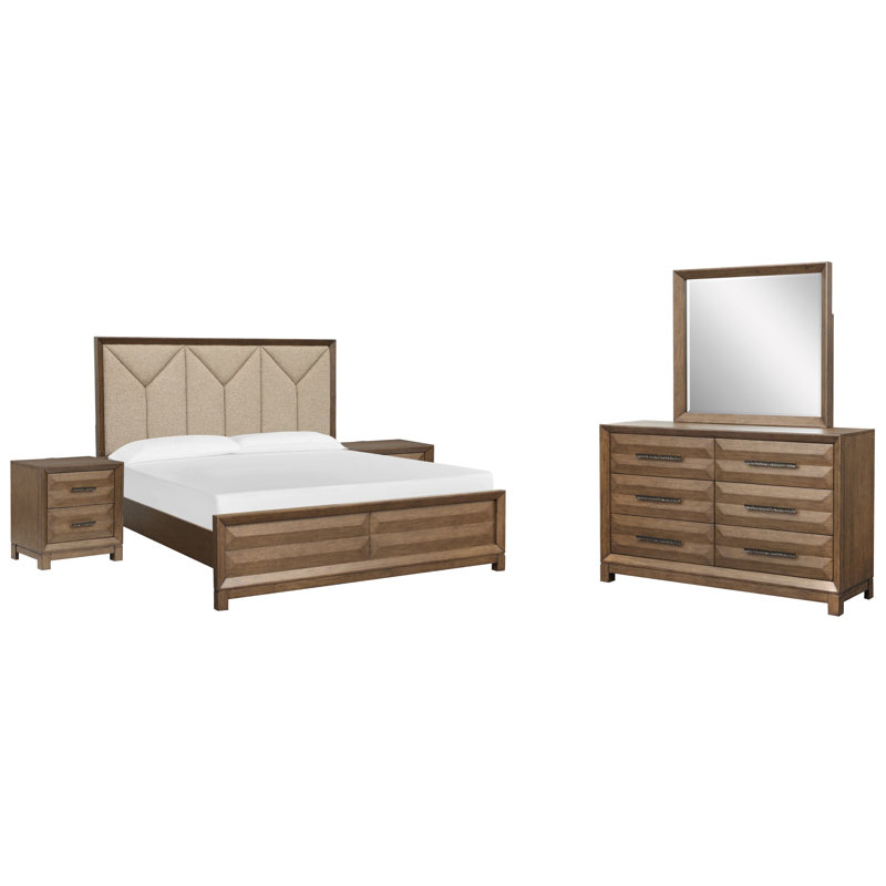 Très grand lit à panneau tapissier Fidler, 5 Pcs: Bed, 2 Nightstands, Dresser, Mirror, Très grand