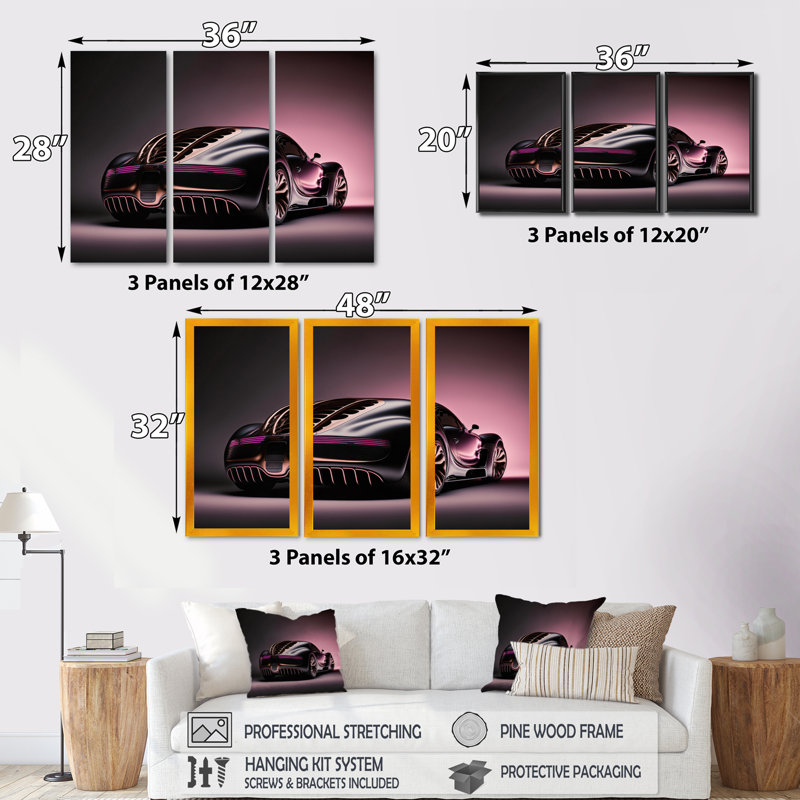 «Visionary Bugatti Design» en noir et magenta IV - 3 pièces sur toile, H 28 po x l 36 po x P 1 po, Cadre blanc